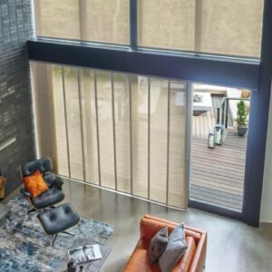 Hunter Douglas Skyline® Panel-Track Blinds on a Sliding Glass Door in a Living Room